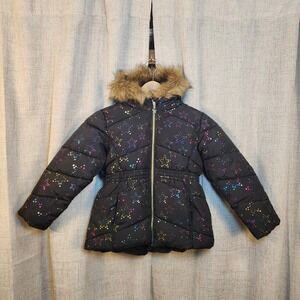 Rothschild 1881 Youth Winter Coat Girls 6X Black W/Stars Faux Fur Hood Puffer